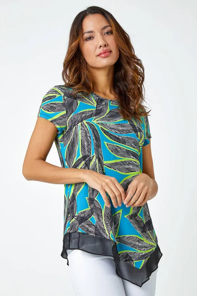Women Turquoise Palm Leaf Chiffon Hem Asymmetric Top Roman Tops