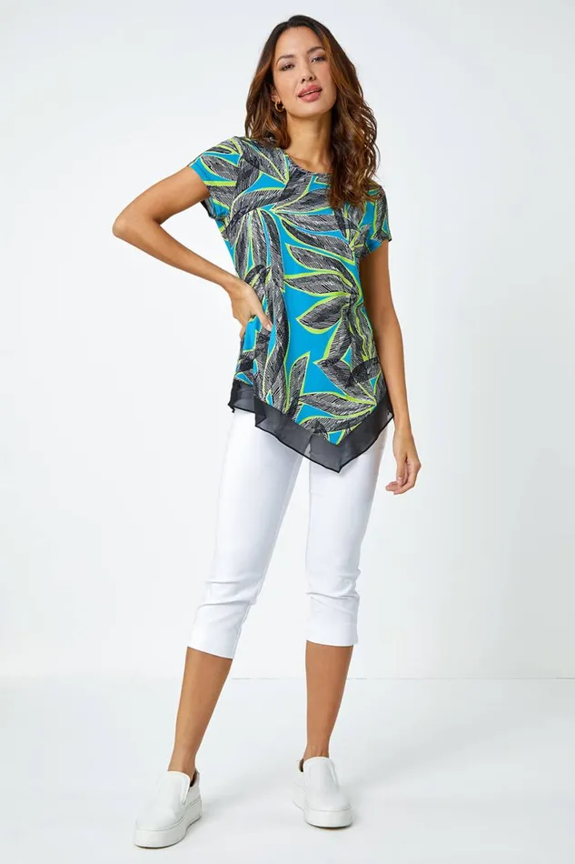 Women Turquoise Palm Leaf Chiffon Hem Asymmetric Top Roman Tops