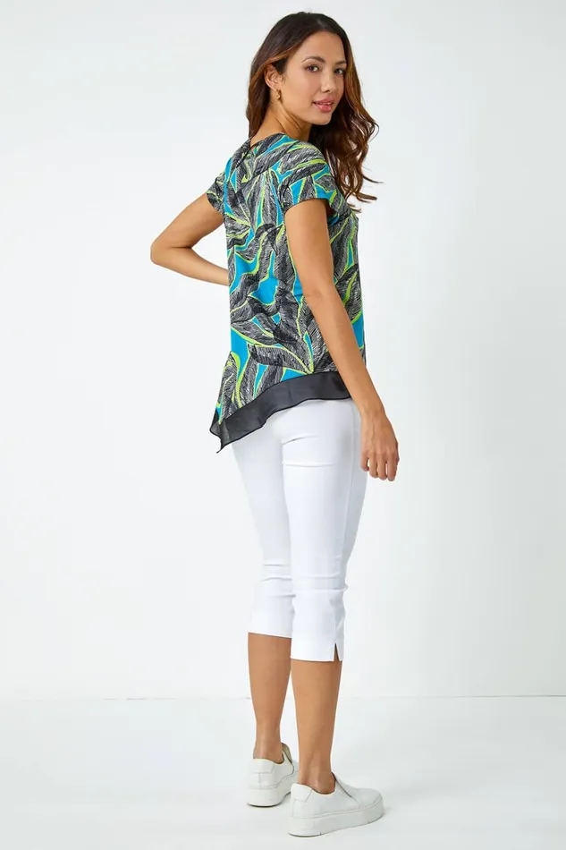 Women Turquoise Palm Leaf Chiffon Hem Asymmetric Top Roman Tops