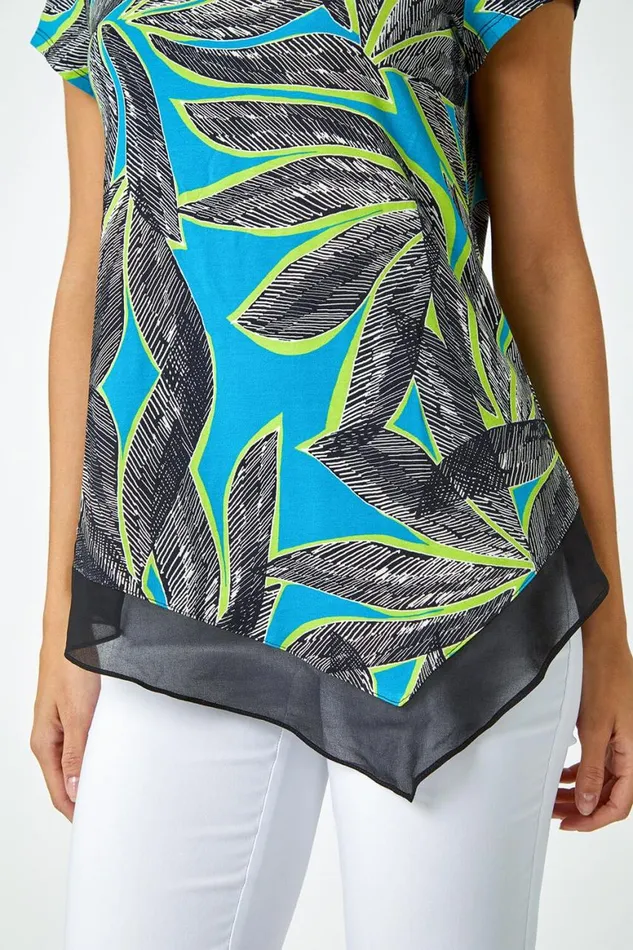 Women Turquoise Palm Leaf Chiffon Hem Asymmetric Top Roman Tops