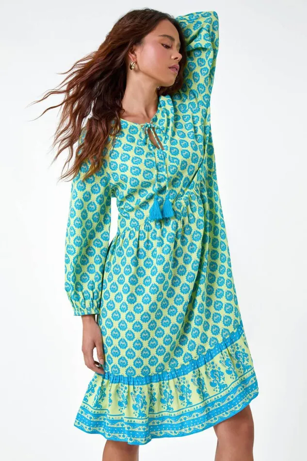 Women Turquoise Petite Border Print Tassel Smock Dress Roman Dresses