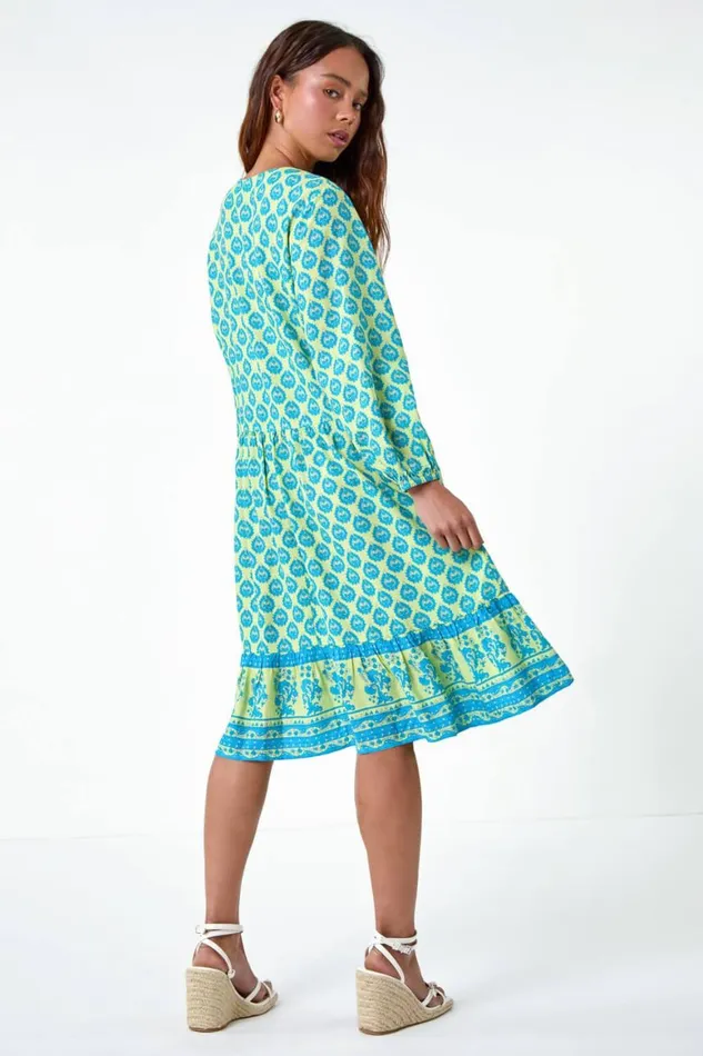 Women Turquoise Petite Border Print Tassel Smock Dress Roman Dresses