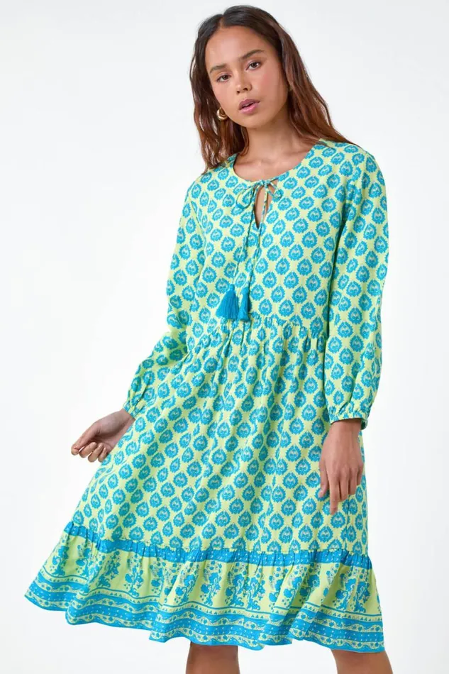 Women Turquoise Petite Border Print Tassel Smock Dress Roman Dresses