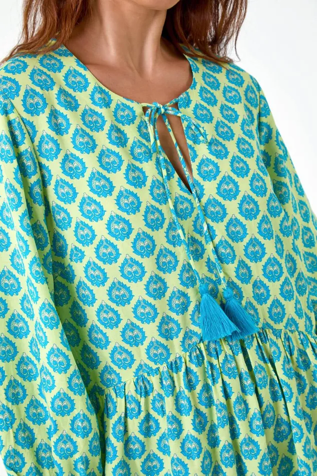 Women Turquoise Petite Border Print Tassel Smock Dress Roman Dresses