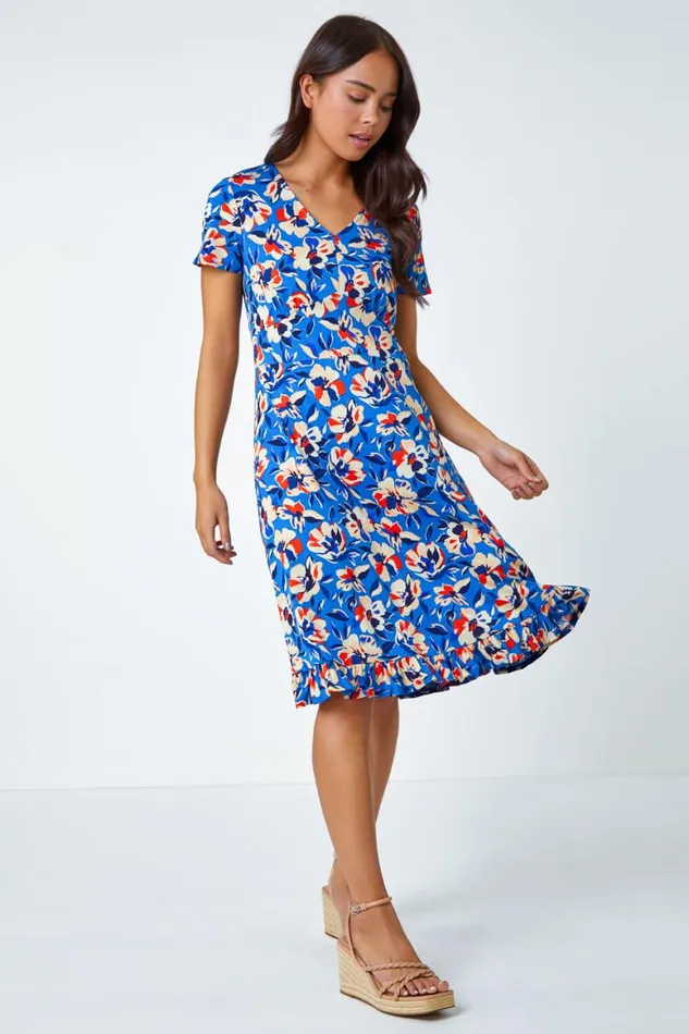 Women Turquoise Petite Floral Frill Hem Stretch Dress Roman Dresses