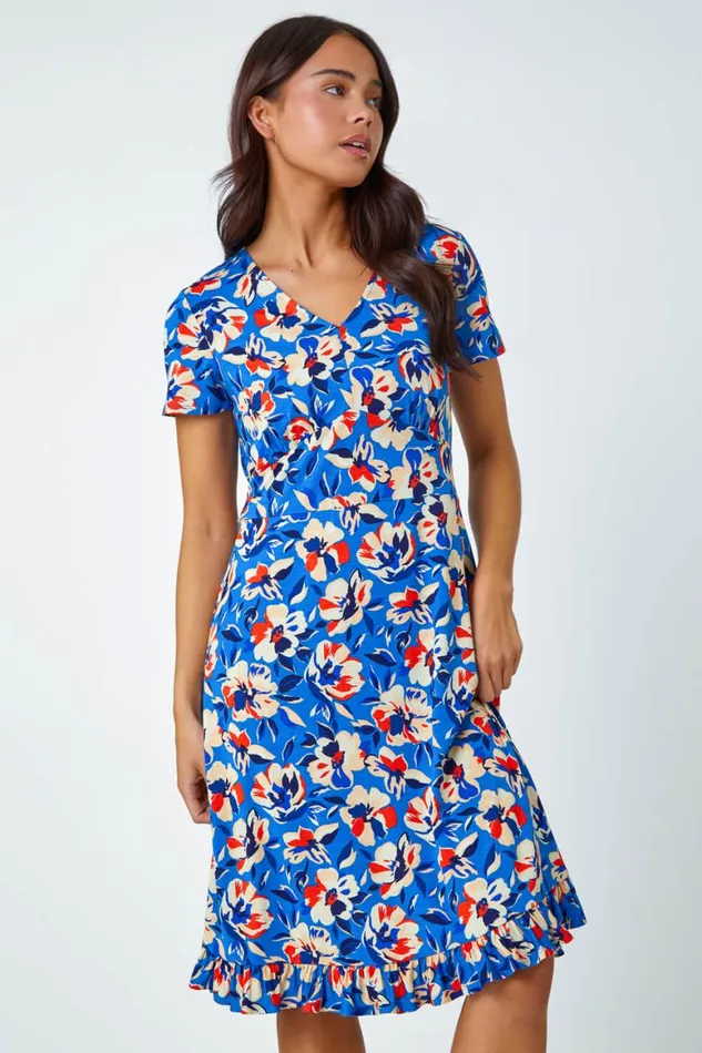 Women Turquoise Petite Floral Frill Hem Stretch Dress Roman Dresses