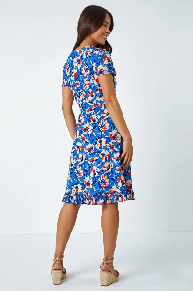 Women Turquoise Petite Floral Frill Hem Stretch Dress Roman Dresses