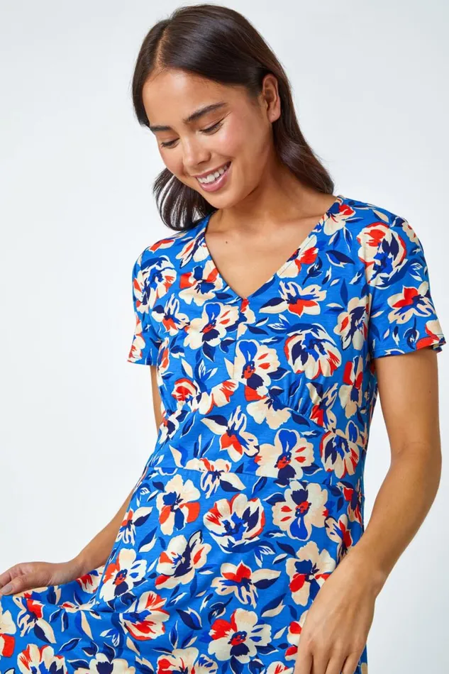 Women Turquoise Petite Floral Frill Hem Stretch Dress Roman Dresses
