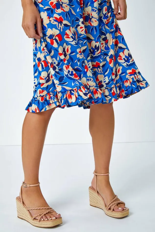 Women Turquoise Petite Floral Frill Hem Stretch Dress Roman Dresses