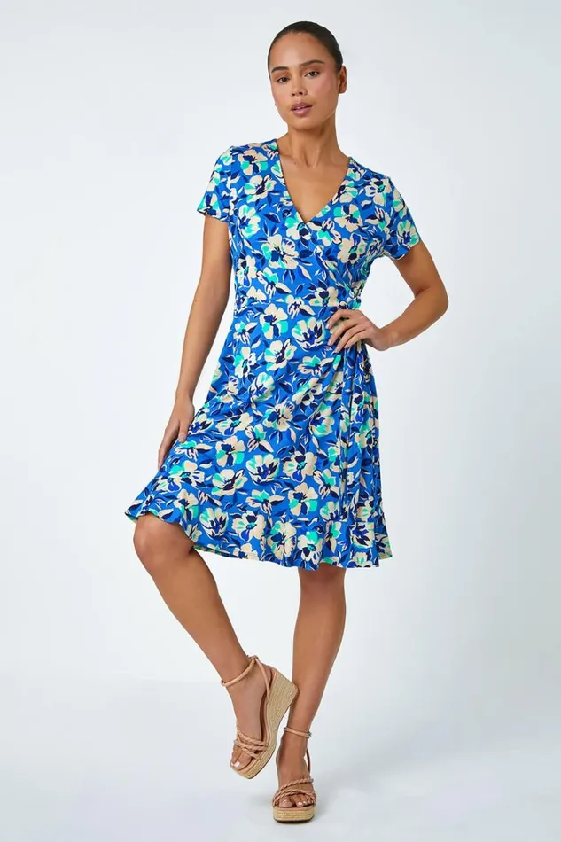 Women Turquoise Petite Floral Stretch Wrap Dress Roman Dresses