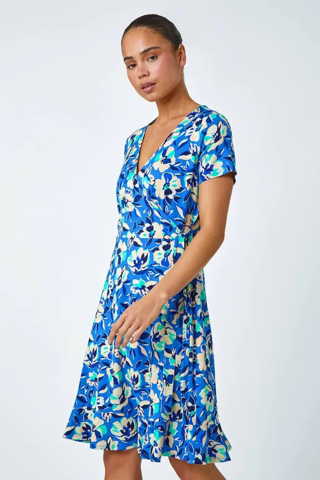 Women Turquoise Petite Floral Stretch Wrap Dress Roman Dresses