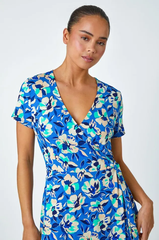 Women Turquoise Petite Floral Stretch Wrap Dress Roman Dresses
