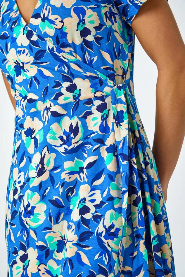 Women Turquoise Petite Floral Stretch Wrap Dress Roman Dresses