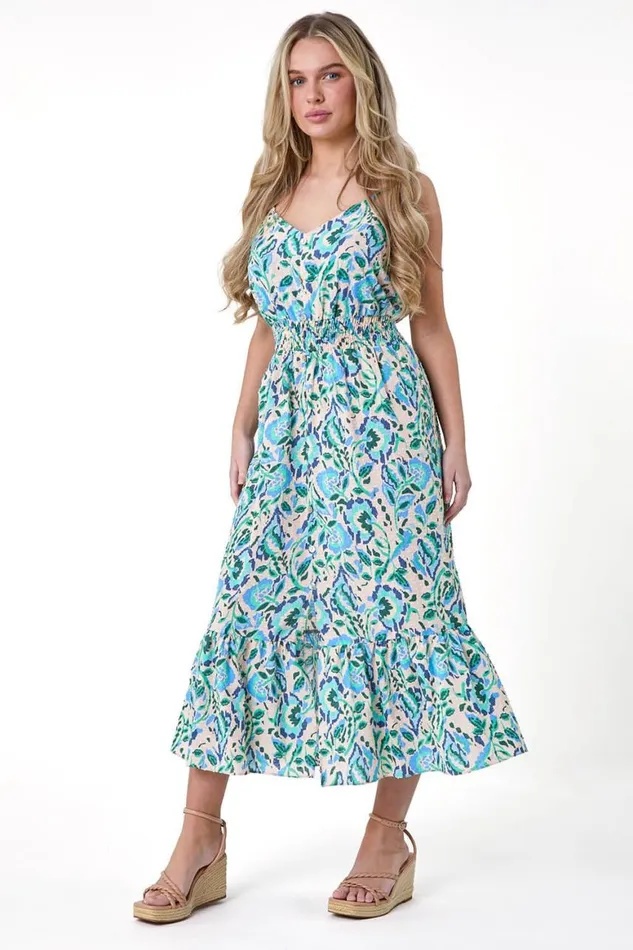 Women Turquoise Petite Floral Textured Spot Cotton Midi Dress Roman Dresses