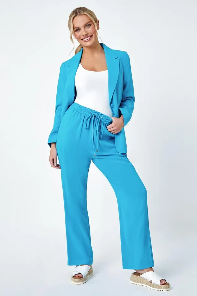 Women Turquoise Petite Wide Leg Linen Blend Trouser Roman Trousers
