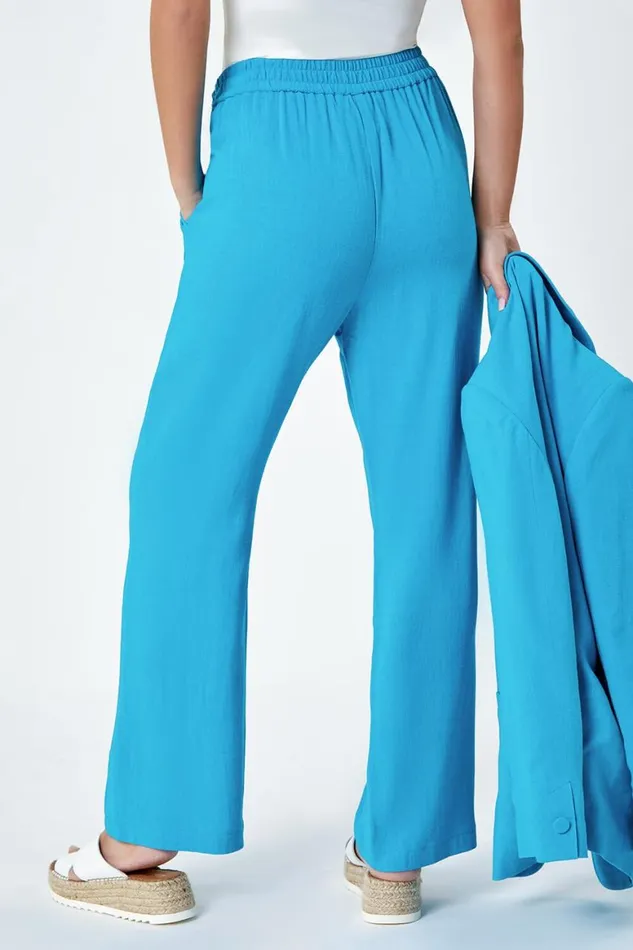 Women Turquoise Petite Wide Leg Linen Blend Trouser Roman Trousers