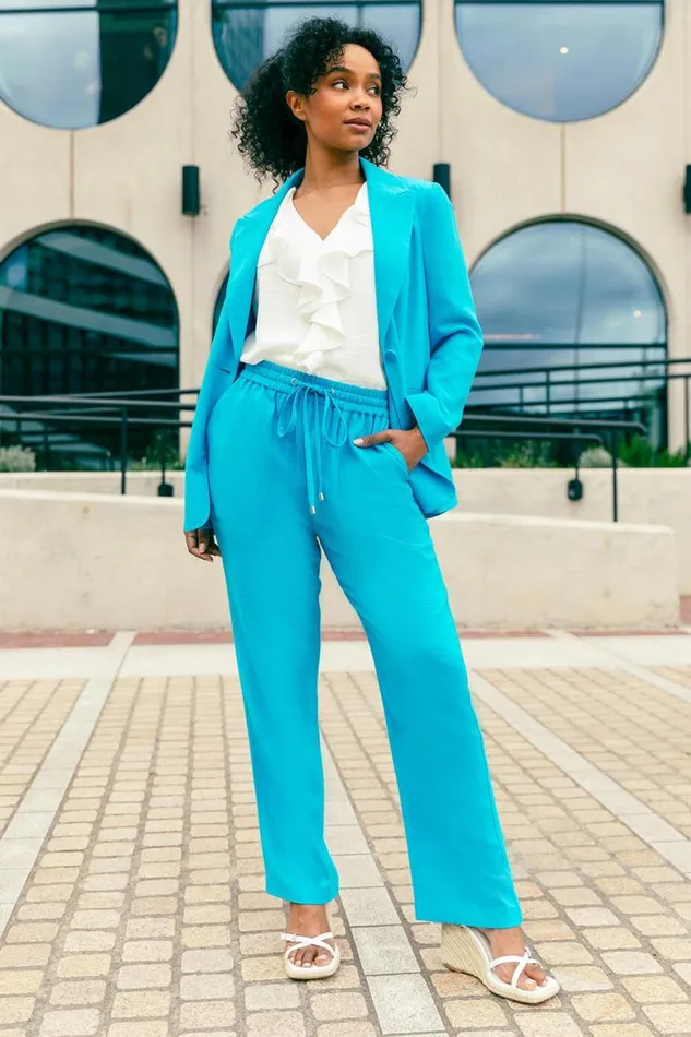 Women Turquoise Petite Wide Leg Linen Blend Trouser Roman Trousers