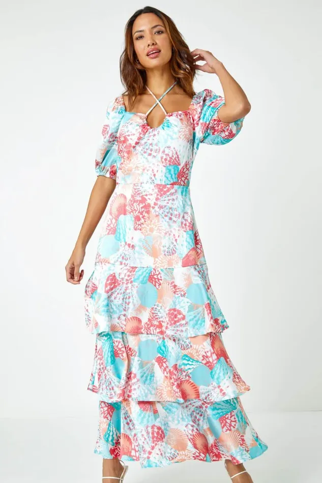 Women Turquoise Puff Sleeve Tiered Maxi Dress Roman Dresses