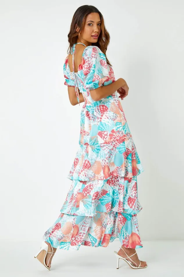 Women Turquoise Puff Sleeve Tiered Maxi Dress Roman Dresses