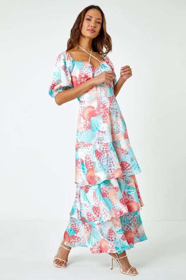 Women Turquoise Puff Sleeve Tiered Maxi Dress Roman Dresses