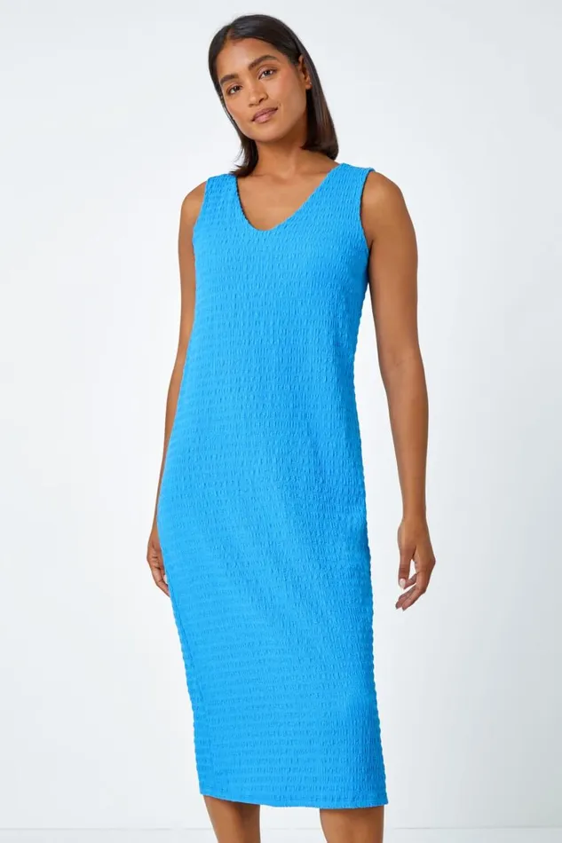 Women Turquoise Sleeveless Textured Midi Stretch Dress Roman Dresses