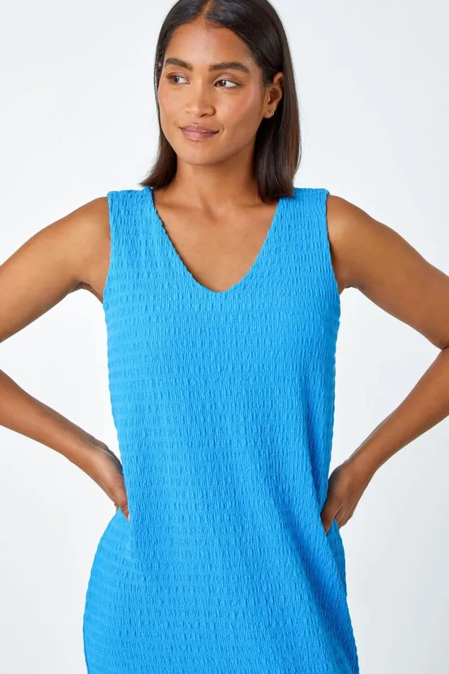 Women Turquoise Sleeveless Textured Midi Stretch Dress Roman Dresses
