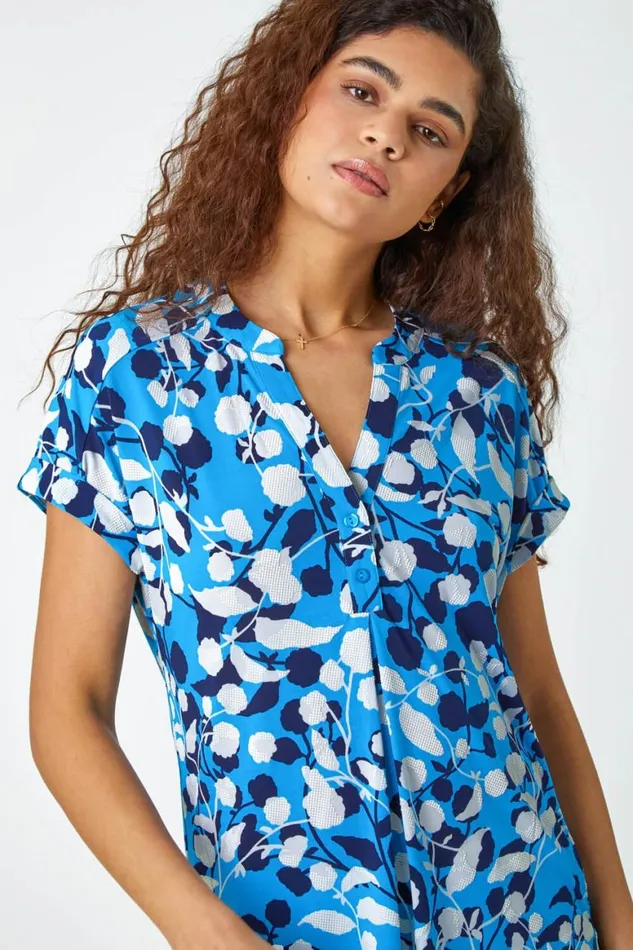 Women Turquoise Textured Floral Overshirt VNeck Stretch Top Roman Tops