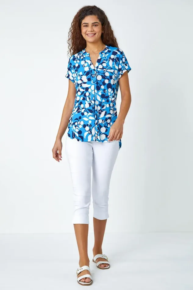 Women Turquoise Textured Floral Overshirt VNeck Stretch Top Roman Tops