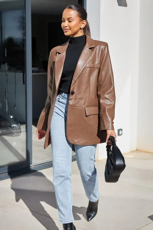 Women Veste Blazer En Simili Cuir Marron Brown Brentiny Paris Jackets