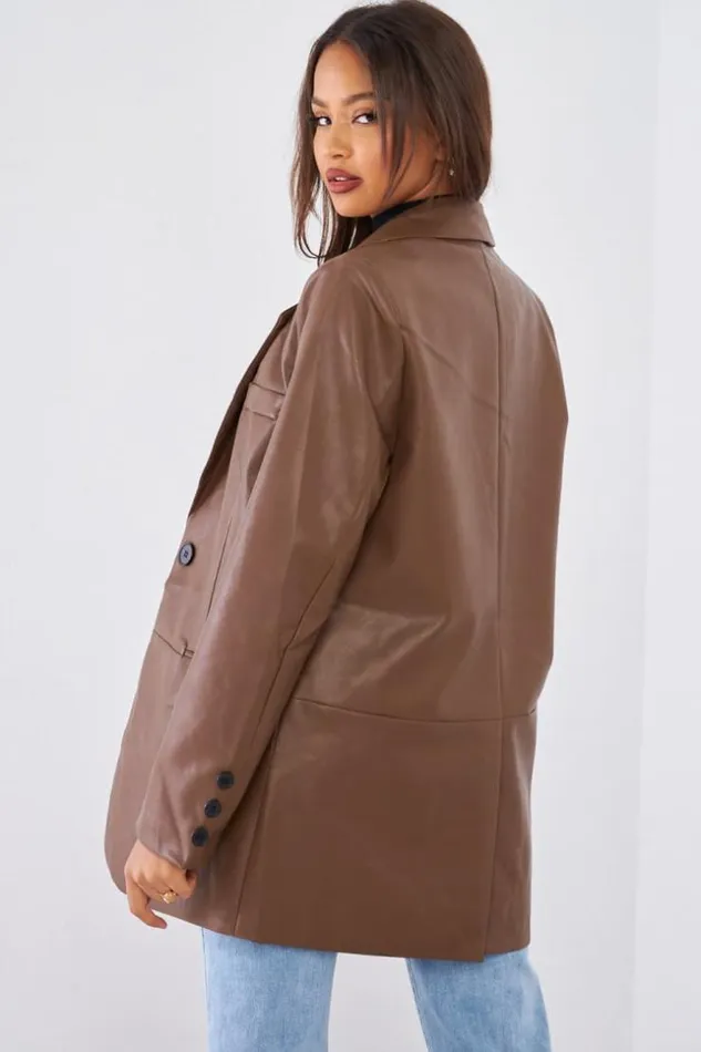Women Veste Blazer En Simili Cuir Marron Brown Brentiny Paris Jackets