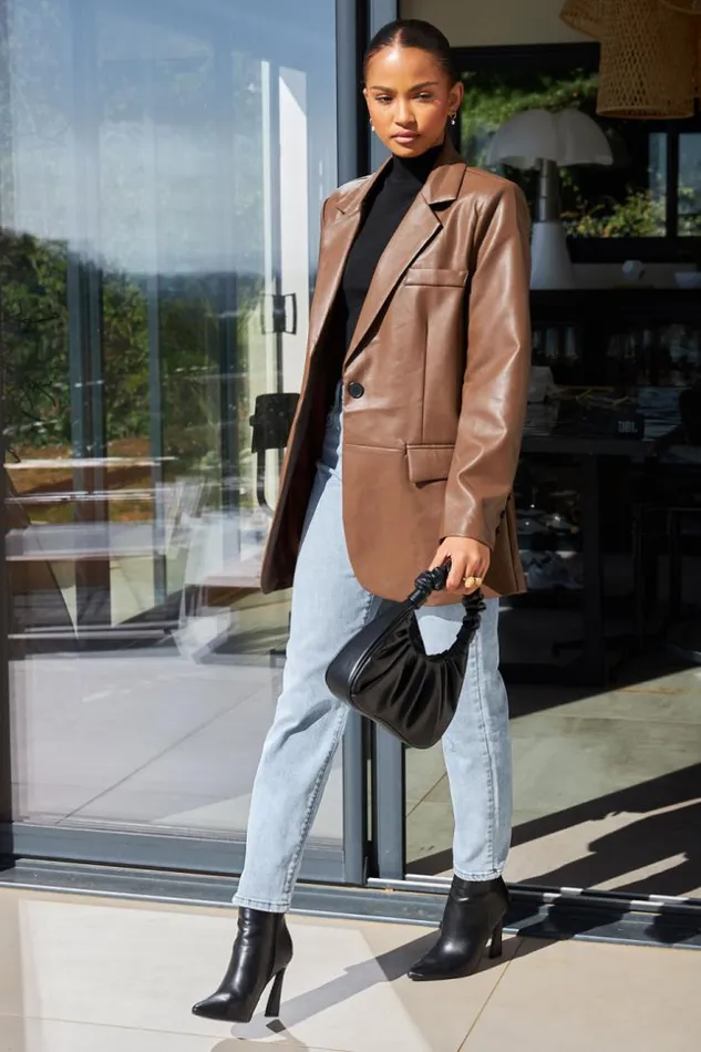 Women Veste Blazer En Simili Cuir Marron Brown Brentiny Paris Jackets