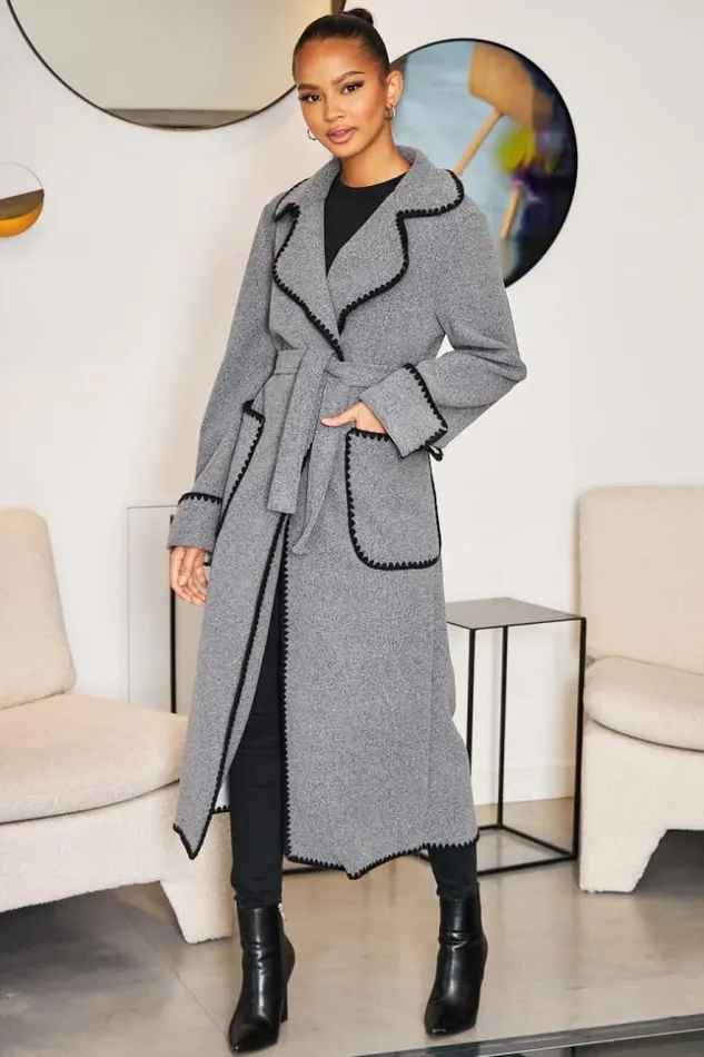 Women Veste Longue Grise Coutures Noires Grey Brentiny Paris Jackets