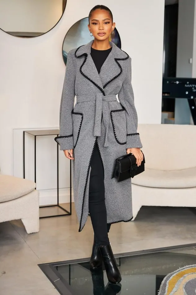 Women Veste Longue Grise Coutures Noires Grey Brentiny Paris Jackets