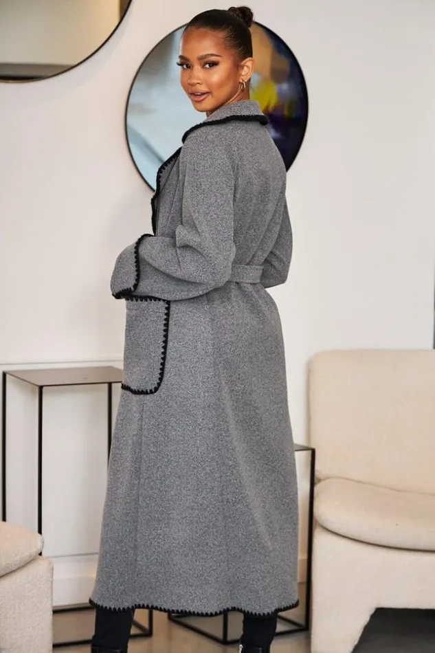 Women Veste Longue Grise Coutures Noires Grey Brentiny Paris Jackets