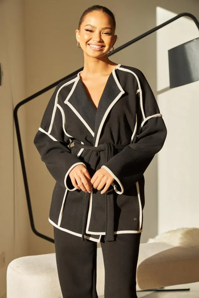 Women Veste Ouverte Ceinture Noire Coutures paisses Black Brentiny Paris Cardigans Women Veste Ouverte Ceinture Noire Coutures paisses Black Brentiny Paris Cardigans