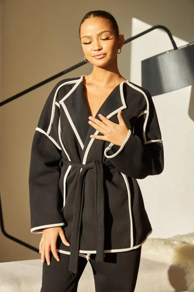 Women Veste Ouverte Ceinture Noire Coutures paisses Black Brentiny Paris Cardigans Women Veste Ouverte Ceinture Noire Coutures paisses Black Brentiny Paris Cardigans