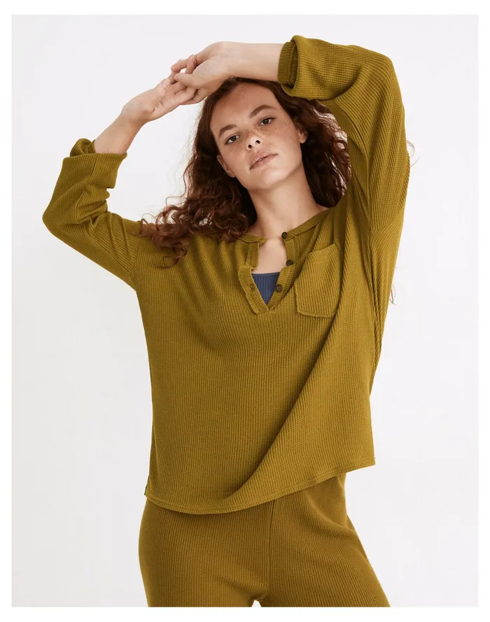Women Waffle Knit Henley Pajama Top Spiced Olive Madewell Pajamas