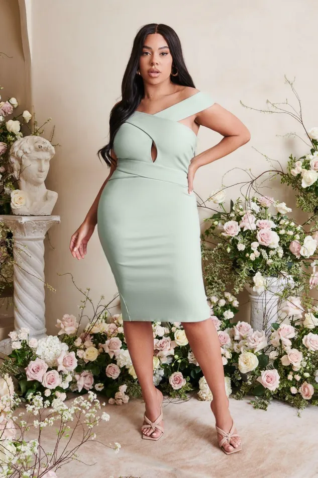 Women Wedding Guest Lavish Alice RAELYNN Curve Off Shoulder Wrap Ponte Dress In Sage Sage