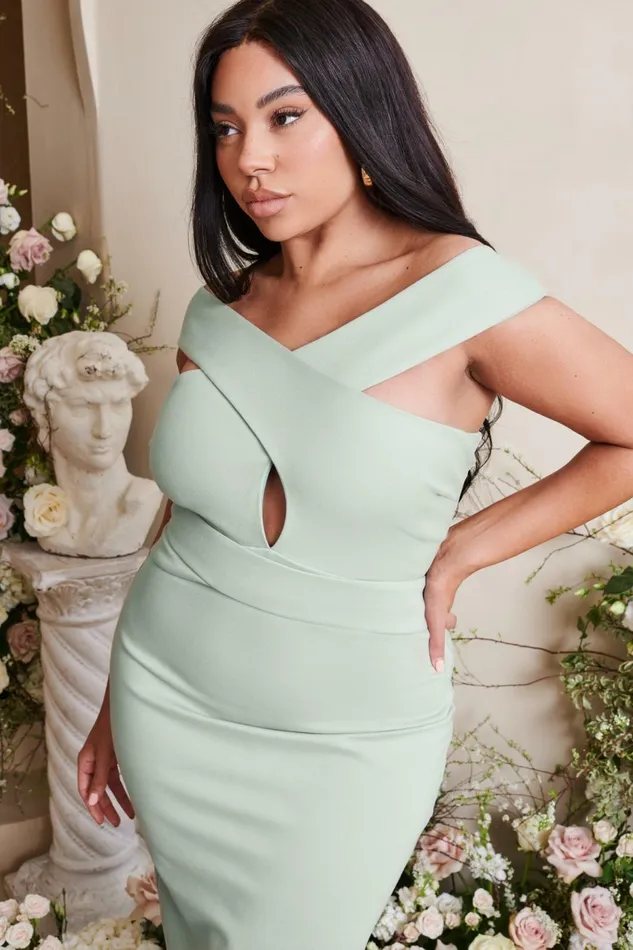 Women Wedding Guest Lavish Alice RAELYNN Curve Off Shoulder Wrap Ponte Dress In Sage Sage