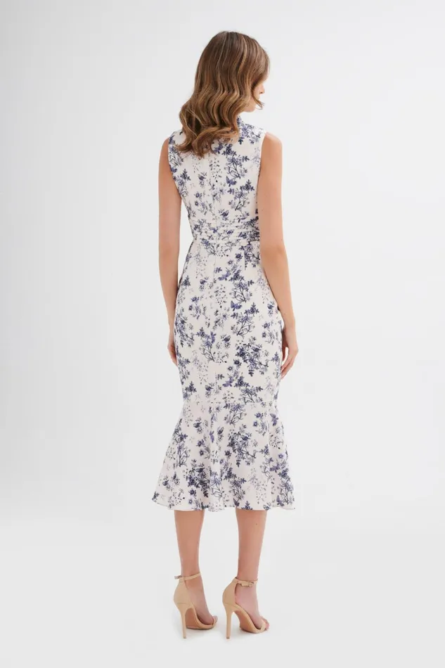 Women Wedding Guest Lavish Alice SAFFRON High Neck Satin Midi Dress In Navy Porcelain Print Navy Porcelain Print