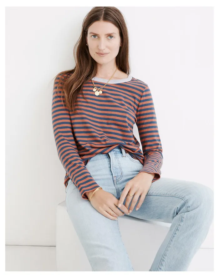 Women Whisper Cotton Rib Crewneck Ringer Long Sleeve Tee In Stripe Weathered Brick Madewell Tees Women Whisper Cotton Rib Crewneck Ringer Long Sleeve Tee In Stripe Weathered Brick Madewell Tees