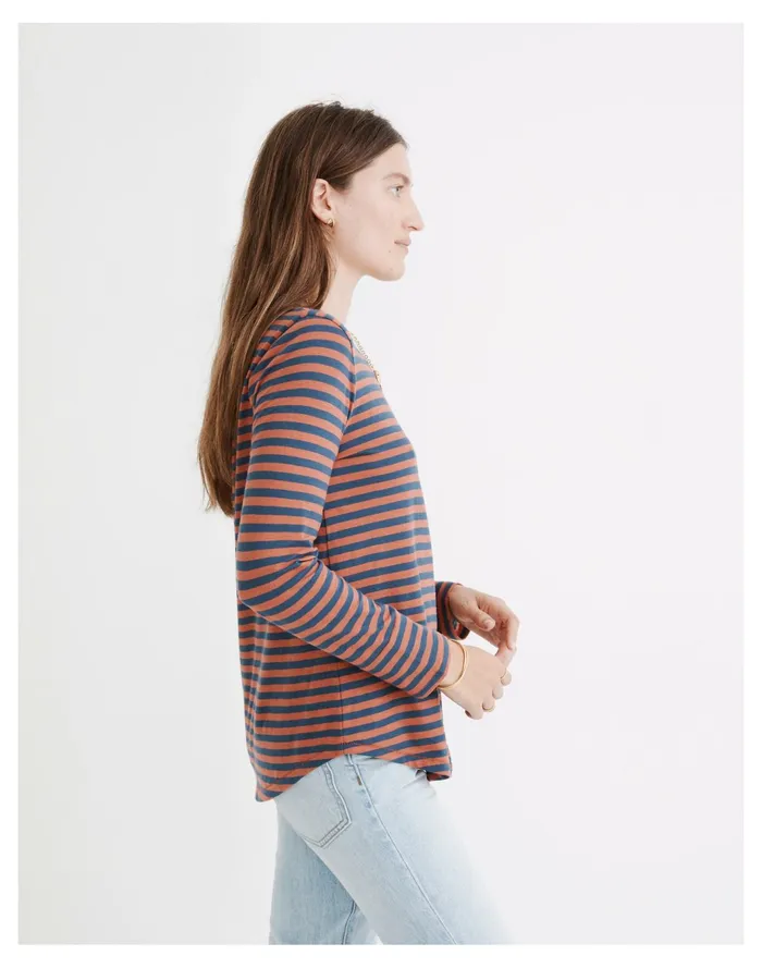 Women Whisper Cotton Rib Crewneck Ringer Long Sleeve Tee In Stripe Weathered Brick Madewell Tees Women Whisper Cotton Rib Crewneck Ringer Long Sleeve Tee In Stripe Weathered Brick Madewell Tees