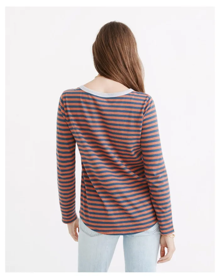 Women Whisper Cotton Rib Crewneck Ringer Long Sleeve Tee In Stripe Weathered Brick Madewell Tees Women Whisper Cotton Rib Crewneck Ringer Long Sleeve Tee In Stripe Weathered Brick Madewell Tees