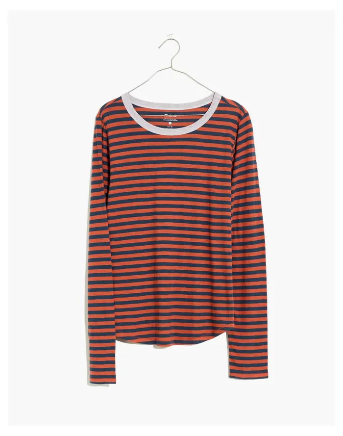 Women Whisper Cotton Rib Crewneck Ringer Long Sleeve Tee In Stripe Weathered Brick Madewell Tees Women Whisper Cotton Rib Crewneck Ringer Long Sleeve Tee In Stripe Weathered Brick Madewell Tees