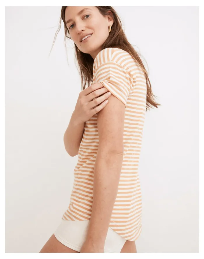 Women Whisper Cotton Rib Crewneck Ringer Tee In Baywind Stripe Dried Peach Madewell Tees Women Whisper Cotton Rib Crewneck Ringer Tee In Baywind Stripe Dried Peach Madewell Tees