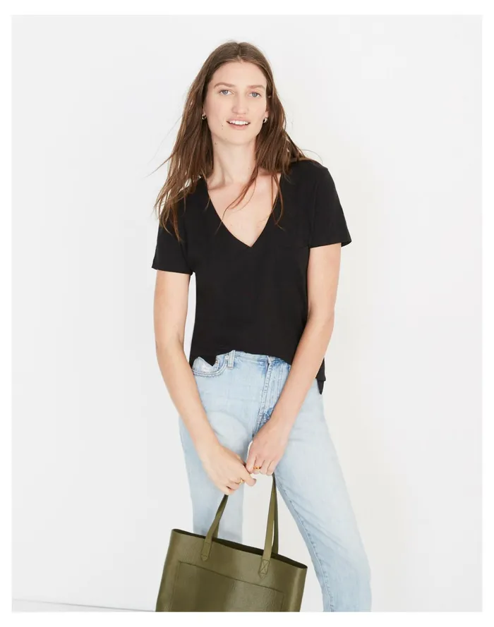 Women Whisper Cotton V Neck Pocket Tee True Black Madewell Tees