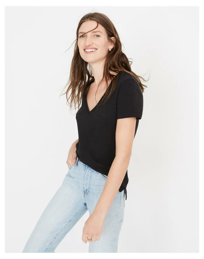 Women Whisper Cotton V Neck Pocket Tee True Black Madewell Tees Women Whisper Cotton V Neck Pocket Tee True Black Madewell Tees