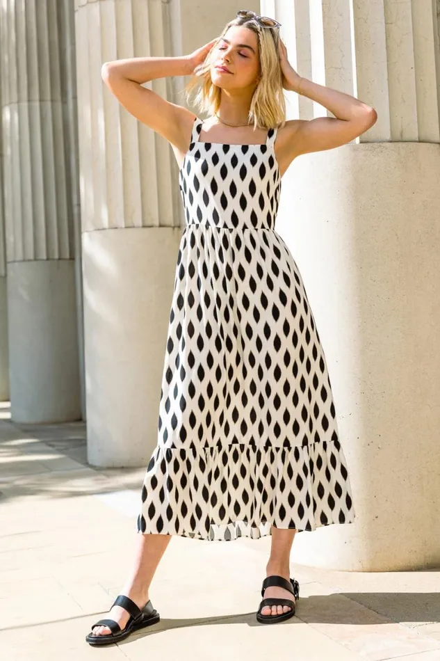 Women White Abstract Print Frill Midi Dress Roman Dresses