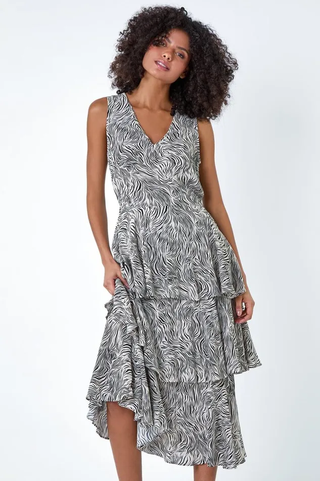 Women White Abstract Zebra Print Tiered Midi Dress Roman Dresses
