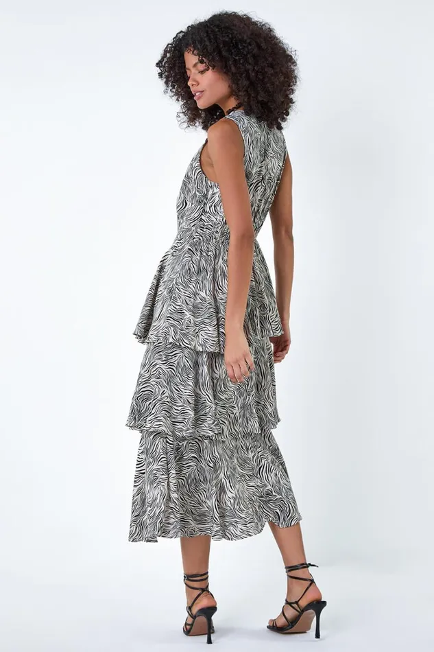 Women White Abstract Zebra Print Tiered Midi Dress Roman Dresses